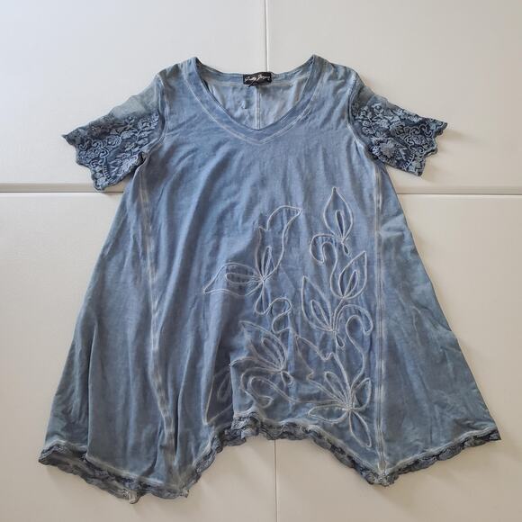 Gretty Zueger Tunic Dress Women Large Blue Lace Lagenlook Whimsy Embroidery Boho - Picture 1 of 8